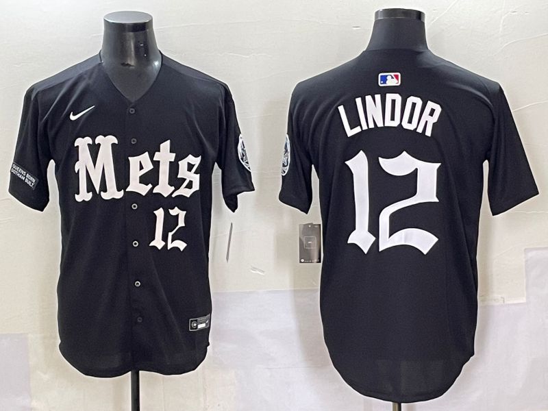 Men 2025 New York Mets 12 Lindor Black Five generations Joint Name Nike MLB Jersey style 9